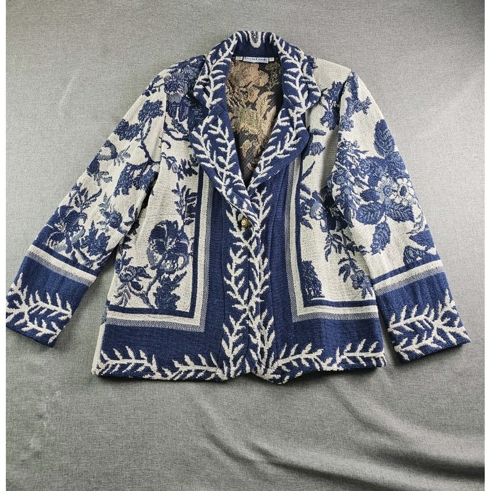 Vintage Laguna Casuals Cardigan Blazer Womens Large Blue Floral Usa